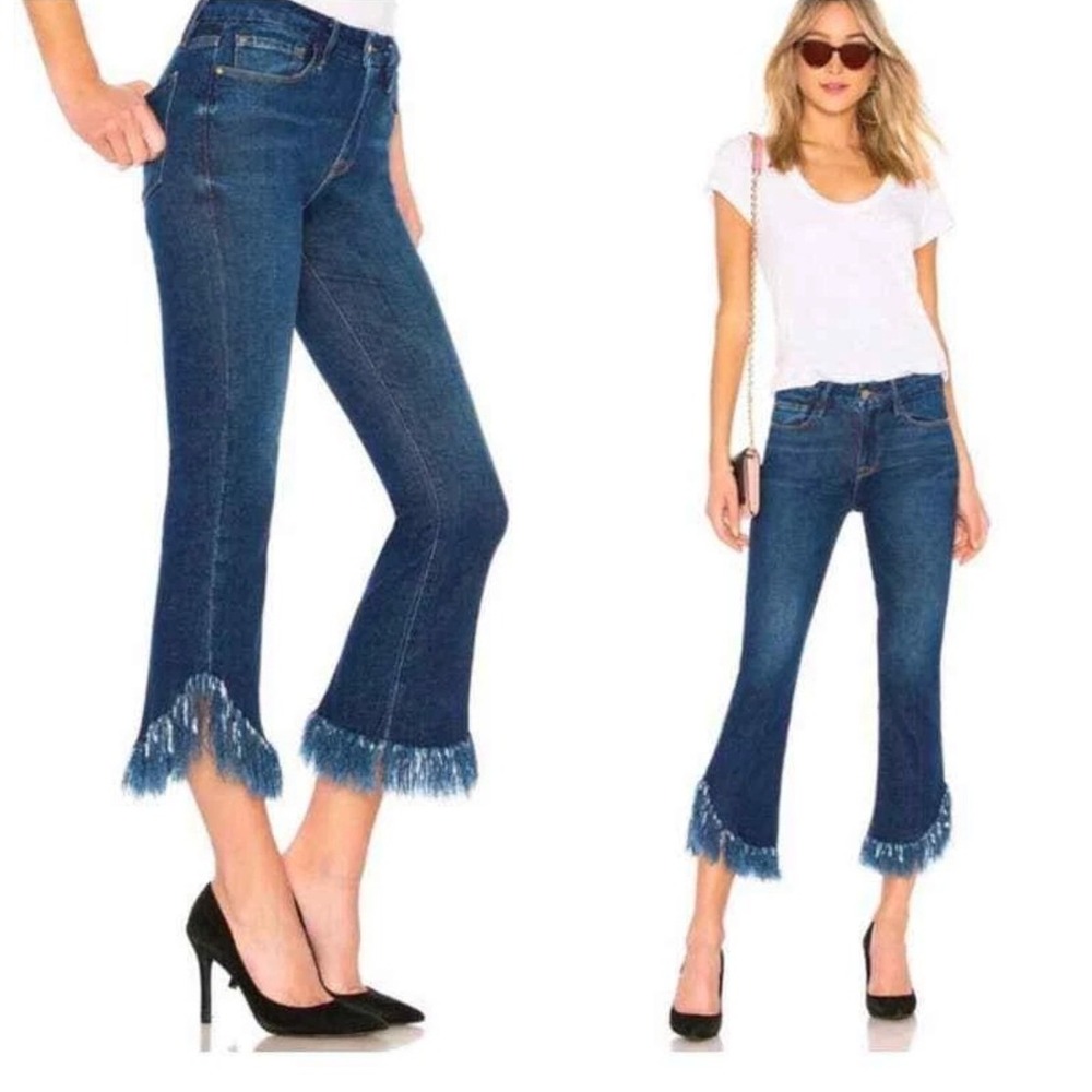 FRAME Jeans Womens 25 Le Crop Mini Boot Blue Fringe Hem Dark Wash Denim